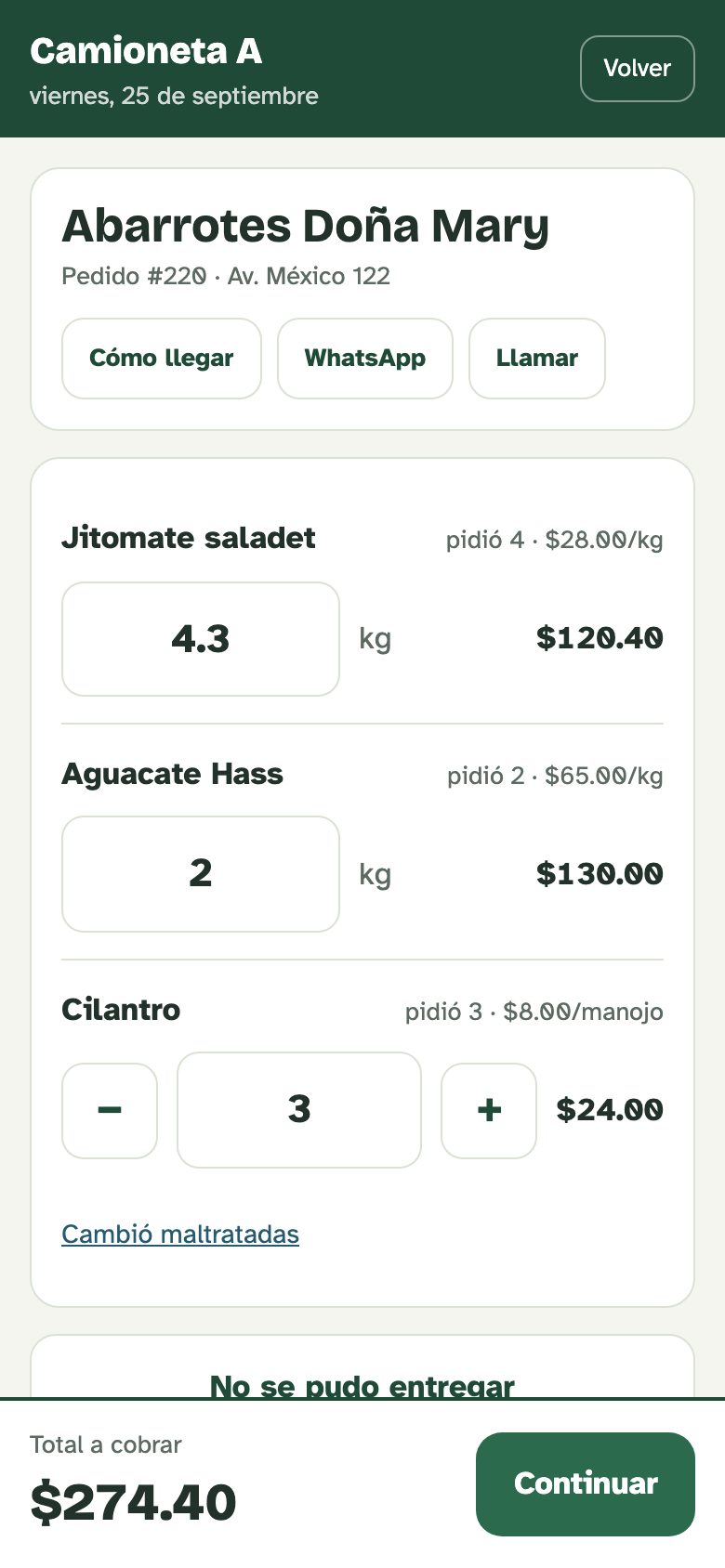 Pantalla del repartidor en la tienda: jitomate con 4.3 kg capturados de la báscula, $120.40; total a cobrar $274.40.