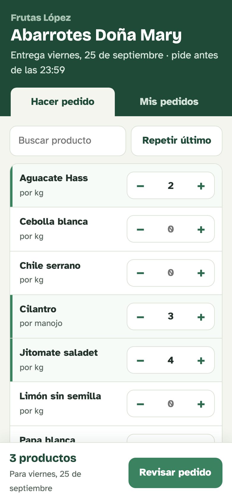 Pantalla del link de pedidos de una tienda: aguacate 2 kg, cilantro 3 manojos y jitomate 4 kg, con el botón Revisar pedido.